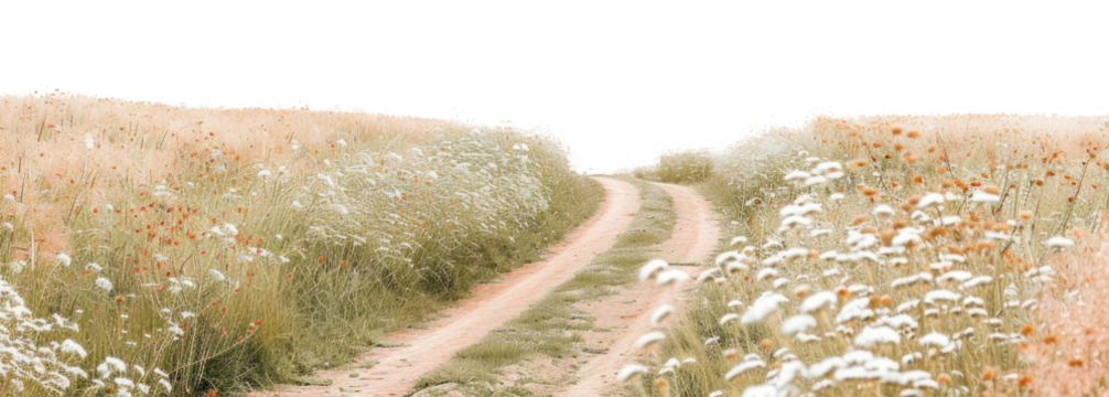 PNG Road with field of spring flower flowers road landscape.