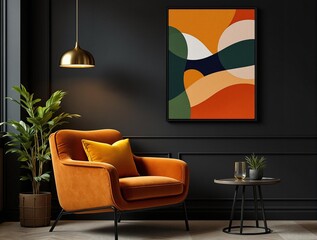 A stylish interior features a vibrant orange armchair with a matching cushion, a sleek black side table, a hanging brass pendant light, and an abstract wall painting against a dark background.