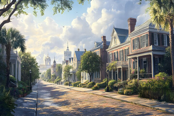 A serene street scene with historic homes and lush greenery under a bright sky.
