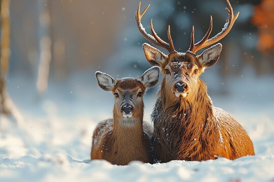 A Christmas wonderland comes alive in a winter snowy forest with a beautiful male deer featuring big horns and a female deer