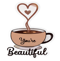 A steaming cup of coffee with heart-shaped steam rising, created as a cute and cozy sticker. Add the text 