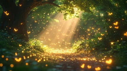 Enchanted Forest Path Bathed in Sunlight with Swirling Butterflies and a Dreamy Atmosphere
