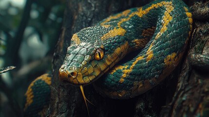 Fototapeta premium Emerald and Gold Serpent, A Close Encounter with Nature's Beauty