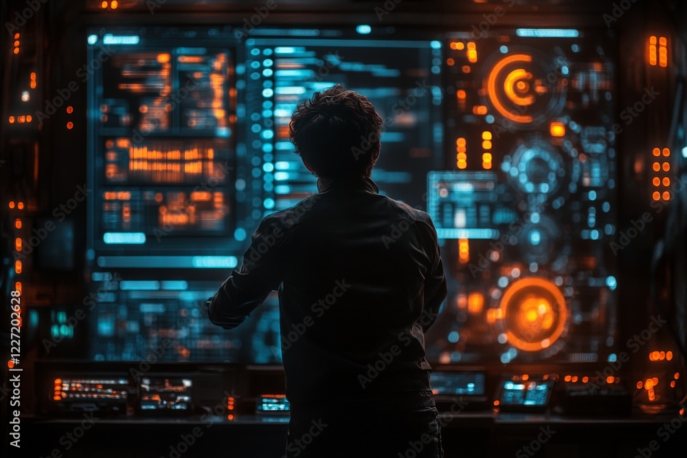 Aufkleber Individual engages with advanced technology in a dimly lit environment, analyzing intricate data displayed on screens