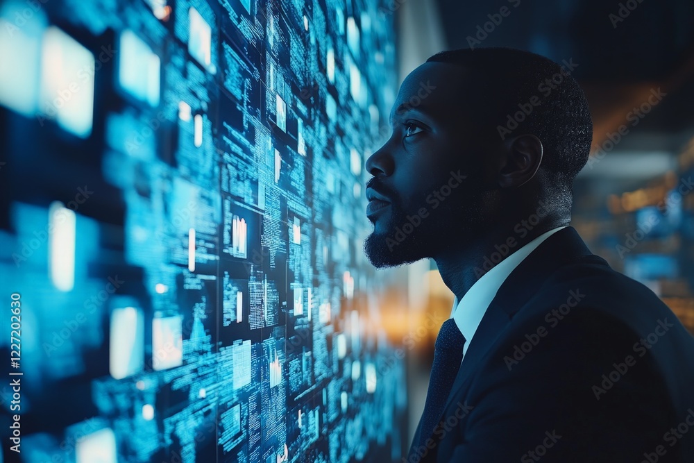 Poster focused professional analyzing digital data in a modern technology environment during evening hours