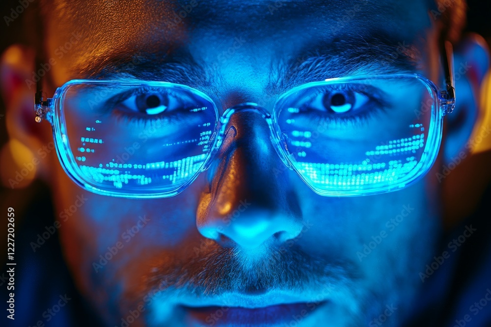 Fototapete man with glowing glasses focuses intently on digital data in a vibrant, futuristic setting