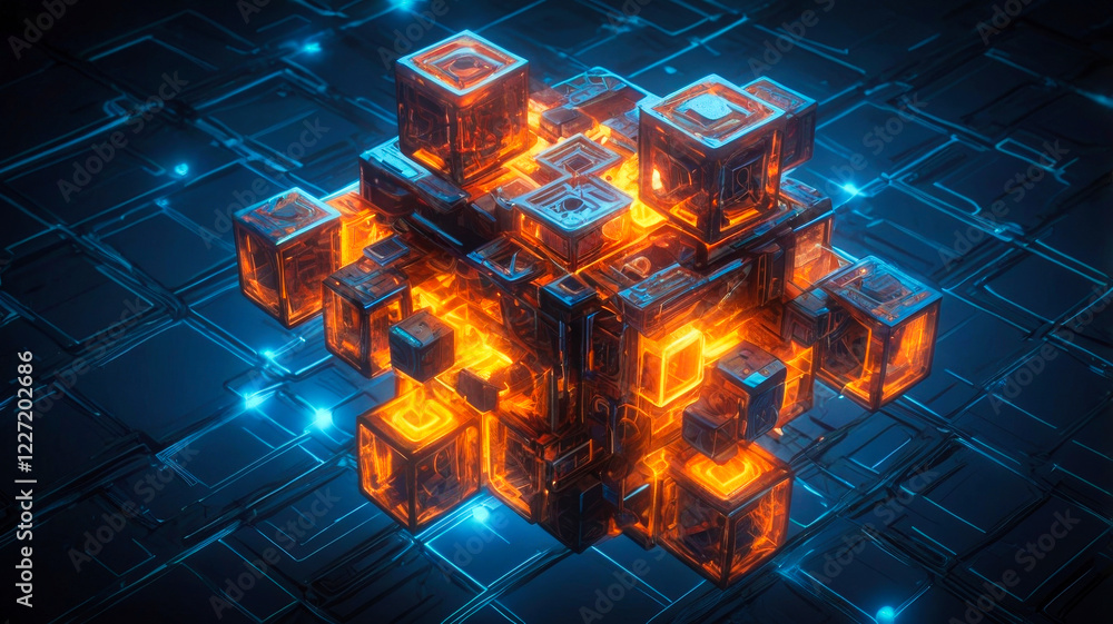 Poster an abstract futuristic, abstract technology 3d cubes structure, with intricate circuit patterns on t