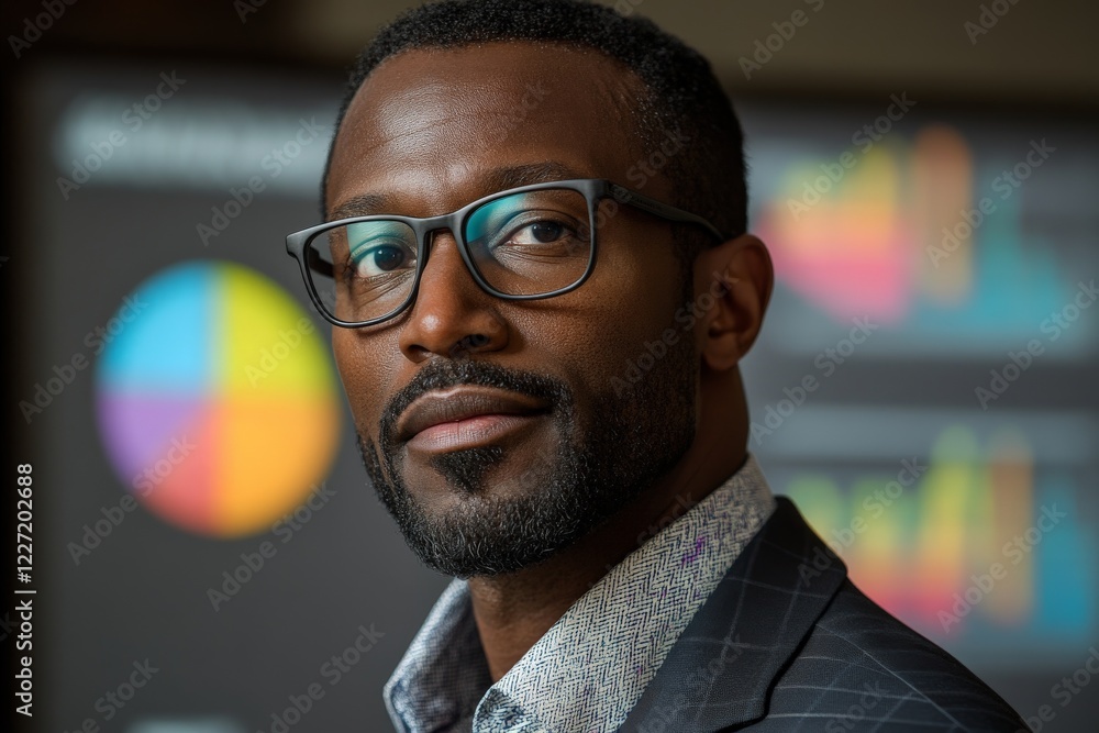 Poster business professional poses confidently in front of data visualization at a corporate event in an ur