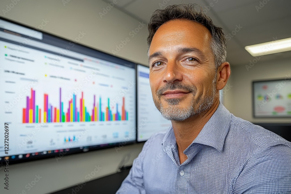 Poster business professional analyzes data trends in modern office with colorful graphics displayed on larg