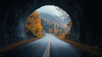 A picturesque tunnel entrance nestled in a colorful autumn mountain landscape, inviting travelers into nature’s breathtaking journey.