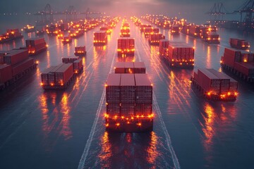 Vast fleet of cargo ships illuminated at dusk in a busy shipping harbor