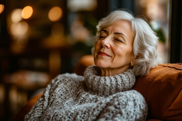 A woman sitting on a couch with her eyes closed and a scarf around her neck