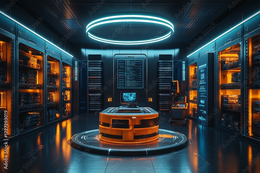 Aufkleber advanced technology hub showcases sleek design and vibrant lighting within a modern server room