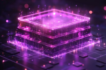 Digital technology visualization of a three-layered data structure in vibrant purple lighting