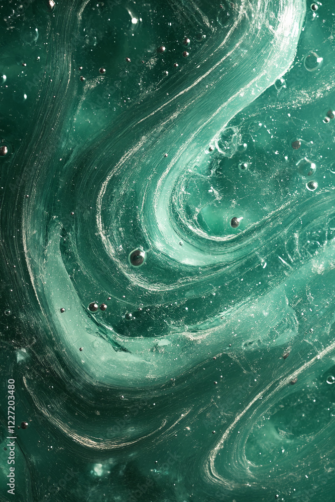 Poster abstract swirling turquoise liquid with dynamic wave patterns and bubbles, symbolizing energy, creat