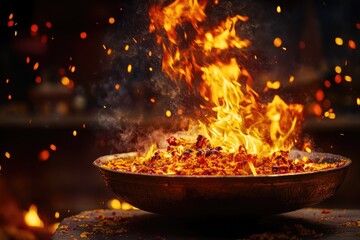 A bowl of food is on a table with a lot of smoke and fire. The bowl is filled with food and has a lot of fire coming out of it. Scene is intense and dramatic