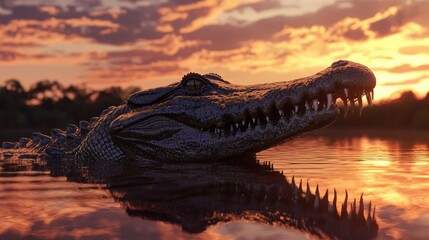 Obraz premium Sunset Spectacle, A Crocodile's Serene Vigil