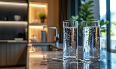 Uv water purification process in modern home kitchen environment