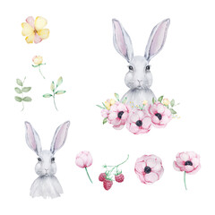 Watercolor Easter white Rabbit with spring flowers