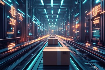 Futuristic Automated Warehouse with Conveyor Belts