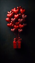 Red heart balloons rise from gift box on dark background; Valentine's Day card