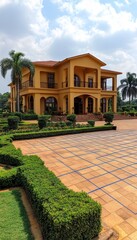 Luxurious Yellow Villa with Green Lawns. An Elegant Two-story House, Architectural Photography