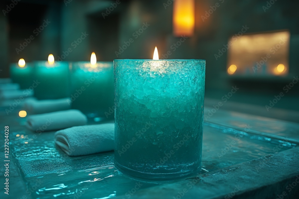 Poster relaxing ambiance created by teal candles and soft lighting in a tranquil spa setting