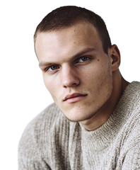 Obraz premium Portrait of a serious young man with short hair wearing a light brown sweater on a transparent background