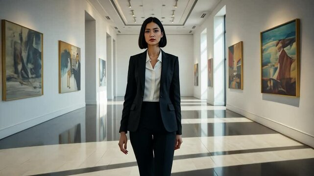 Front view a confident woman with sleek, jet-black hair styled  in a neat bob walks through the lobby of a modern art gallery