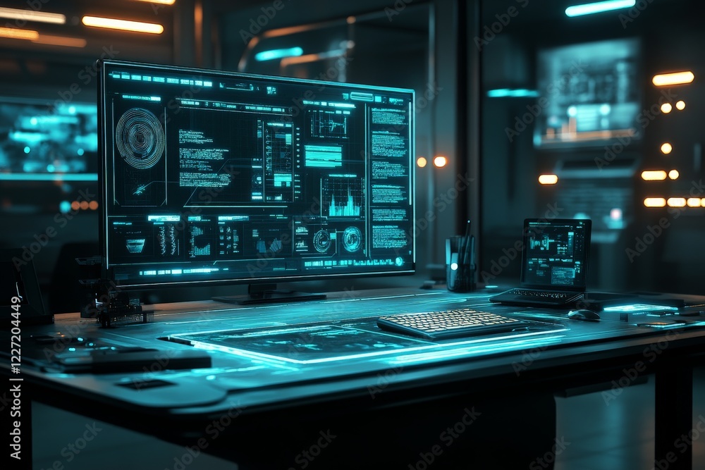 Poster high-tech workspace with dual monitors displaying data analysis late at night