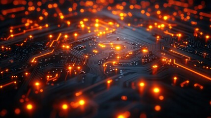 Obraz premium Glowing orange circuit board.