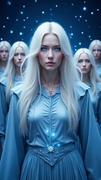 A group of Pleiadians, beautiful ethereal light beings and lightworkers, in a mystical and otherworldly atmosphere