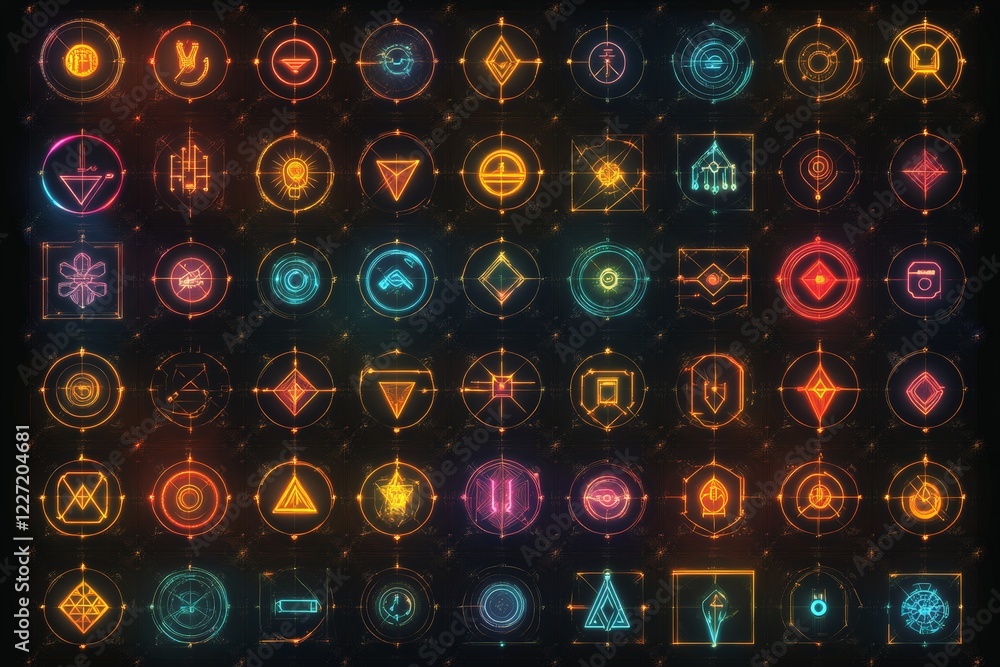 Aufkleber Bright, colorful virtual symbols arranged in a grid pattern showcasing various designs and shapes for digital applications