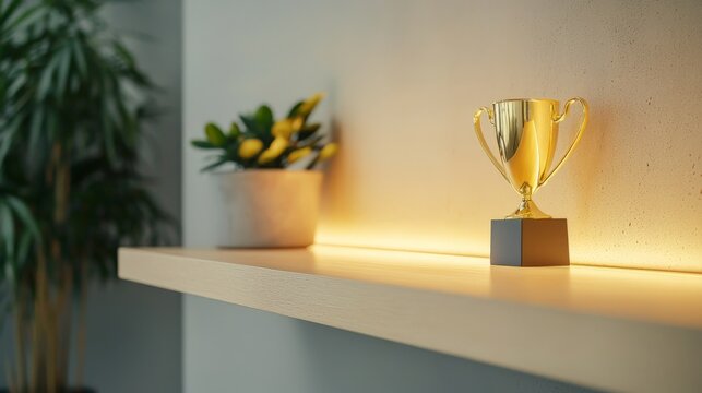 Path to Success: Achievement and Personal Fulfillment, A shiny trophy sits on a minimalist shelf beside a potted plant, illuminated by warm light.