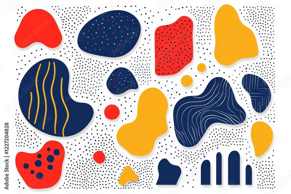 Aufkleber colorful abstract shapes and patterns create a vibrant design in blue, red, and yellow on a white ba