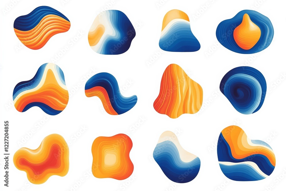Poster colorful abstract shapes and patterns in vibrant orange and blue on a white background
