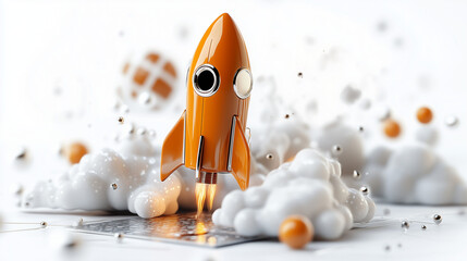 ゴールドのロケットが飛び立つ未来のビジネス世界｜成功と成長を象徴するラグジュアリーな3Dデザイン