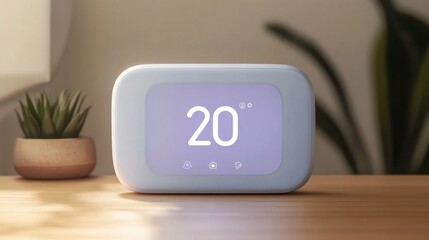 Smart thermostat displays 20?C, home interior, sunlight