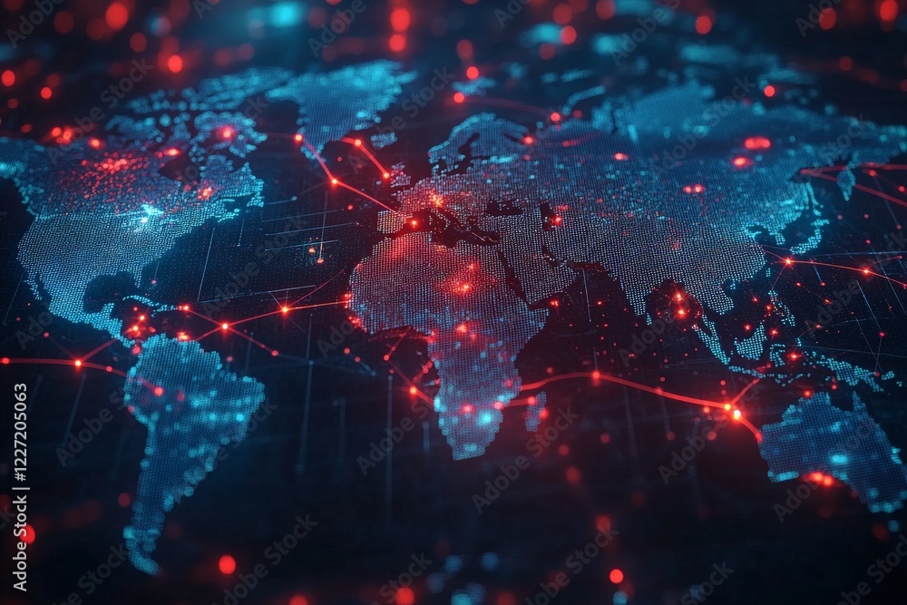 Aufkleber Global network connections illuminated on a digital world map showing data flow and geographic regions