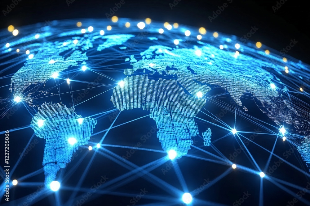 Poster Digital representation of a global network highlighting connectivity across continents and nations