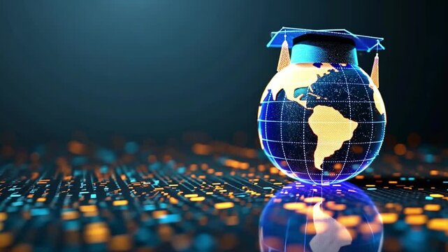 Globe with graduation cap representing global education in a digital landscape - Powered by Adobe