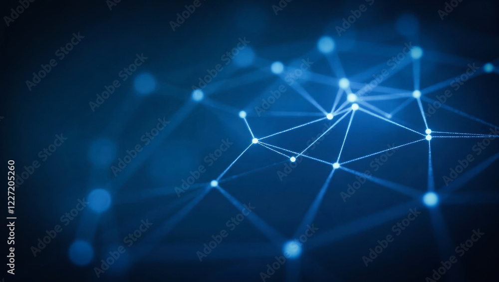Poster a dynamic layout featuring a network of interconnected lines and nodes against a dark blue backgroun