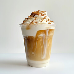 ice coffee vanilla latte with foam in plastic cup, white background HD Ai generate 