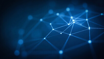 Fototapeta premium A dynamic layout featuring a network of interconnected lines and nodes against a dark blue background. Concept of connectivity and technology, with a futuristic and ethereal atmosphere.