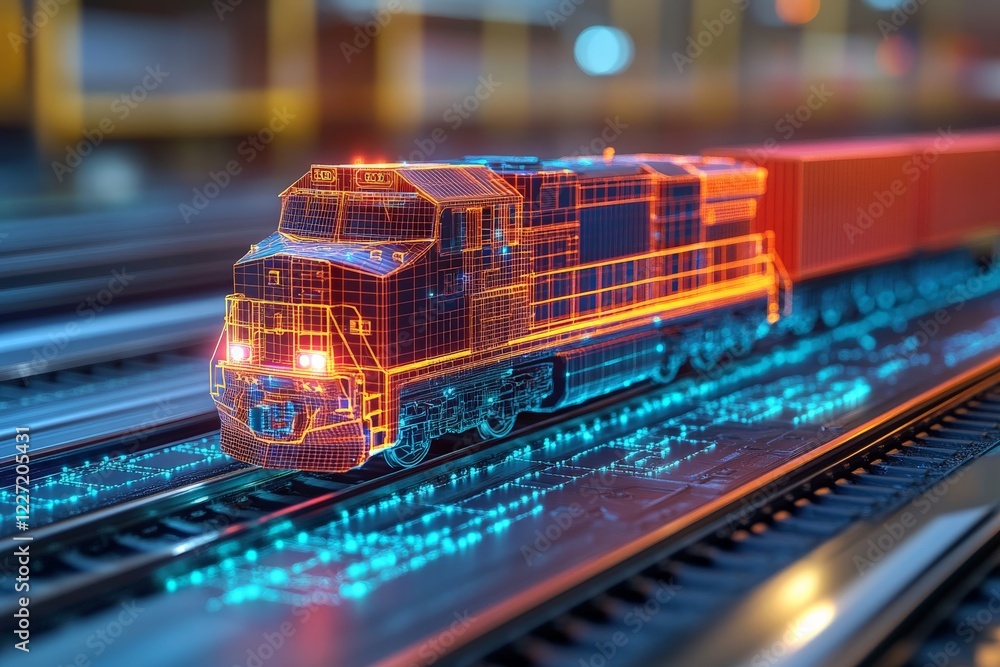 Poster digital train model showcasing futuristic design on railway tracks during twilight hours
