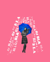 Monochrome woman standing under blue umbrella with bla bla bla text falling down on pink...