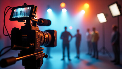 A professional film set with high-end digital video equipment and technicians in a television or film production studio