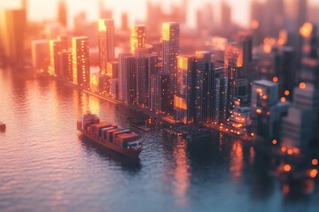 Sunset over a vibrant cityscape with cargo ship navigating calm waters
