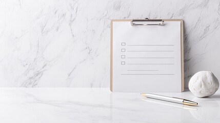 Checklist on clipboard, pen, marble background.  Planning, organization, workspace