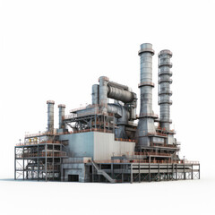 Industrial power plant with large chimneys and extensive piping in clear surroundings during daylight hours